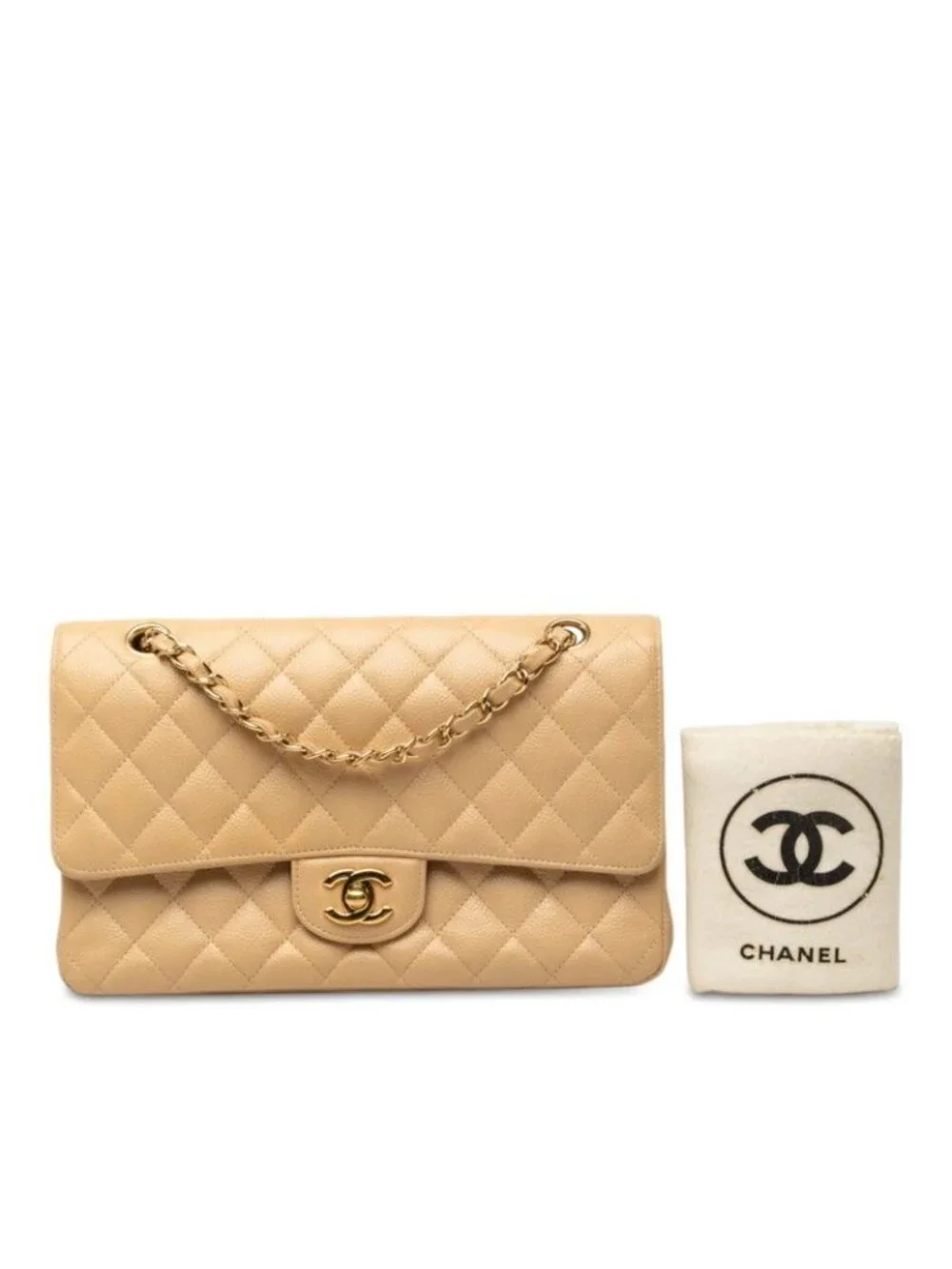 Chanel CC Logo Quilted 25 Chain Shoulder Bag Beige Caviar Leather